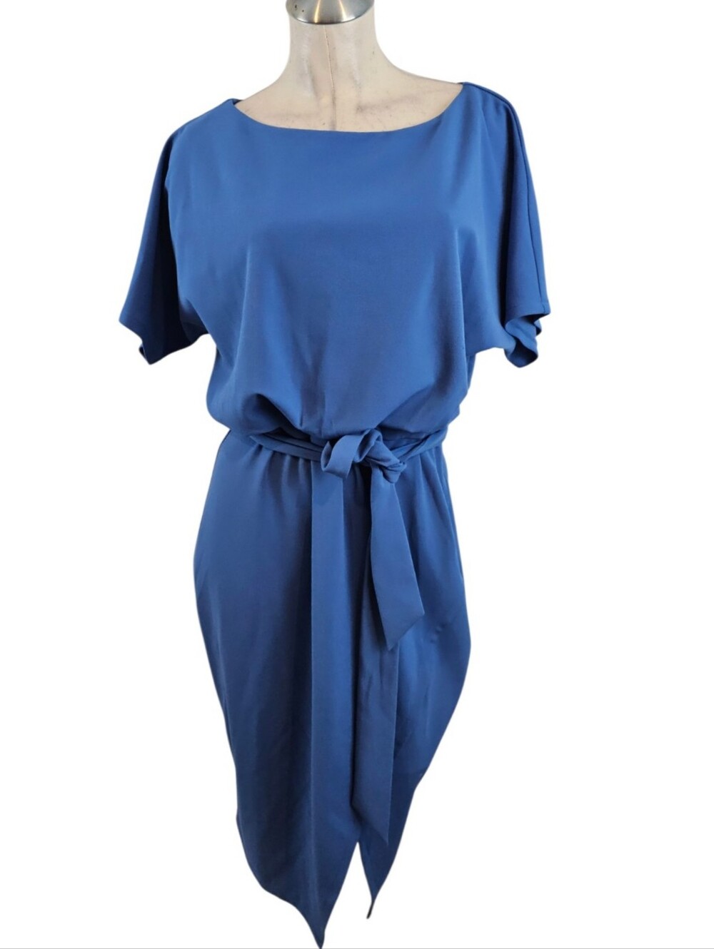 Andrew Marc Blue Blouson Midi Dress with Waist Tie Size 12